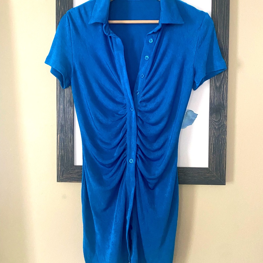 Ruched blue button down dress
